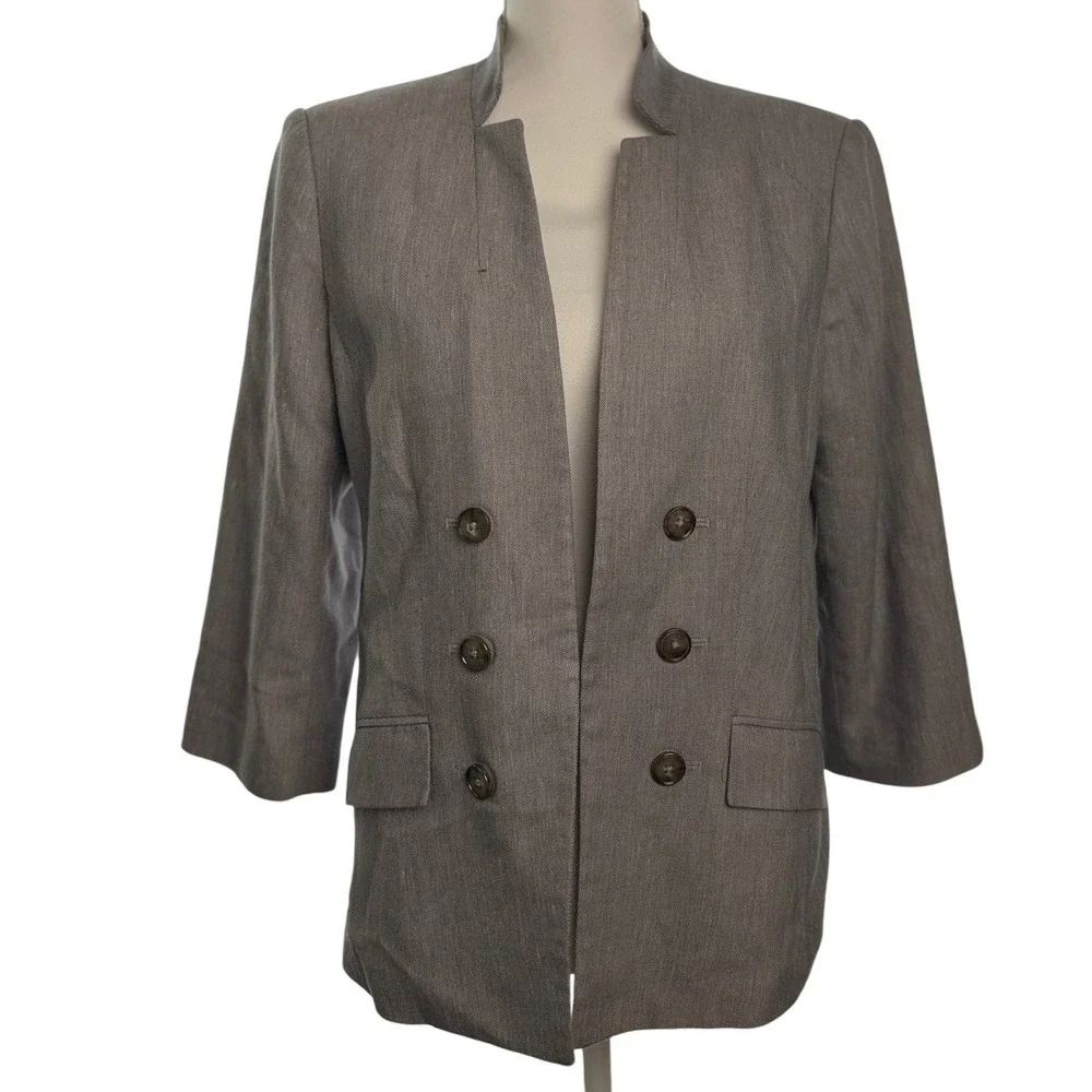 White House Black Market Officecore Gray Linen Blend Open 3/4‎ Sleeve Blazer 12